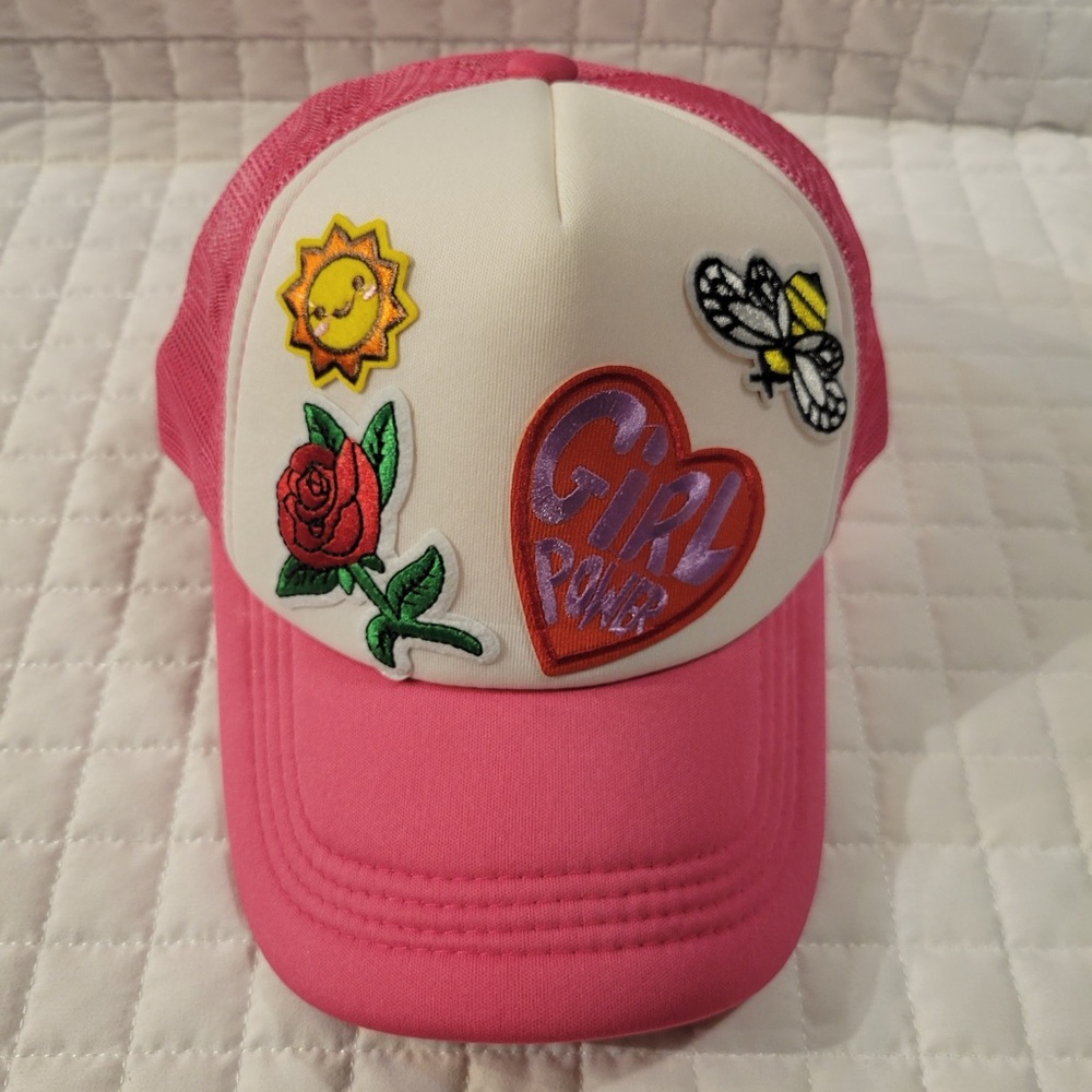 Handmade Pink White Girl Power Mesh Trucker Cap Sun Rose Patches Barbiecore Hat